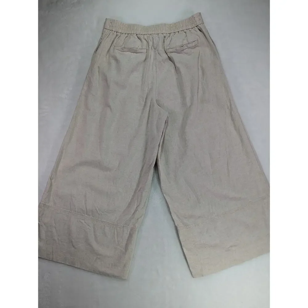 Banana Republic Womens Small Beige Linen Blend Wide Leg Cropped Elastic Pants